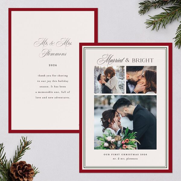 Classic Border First Married Christmas Holiday Cards Ruby Signature Blank Standard