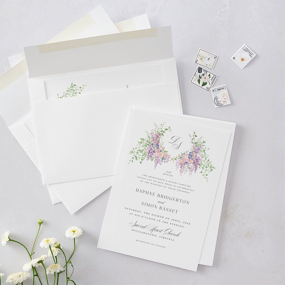 Formal Wisteria Garden Crest Wedding Invitations by Bridgerton — view 4