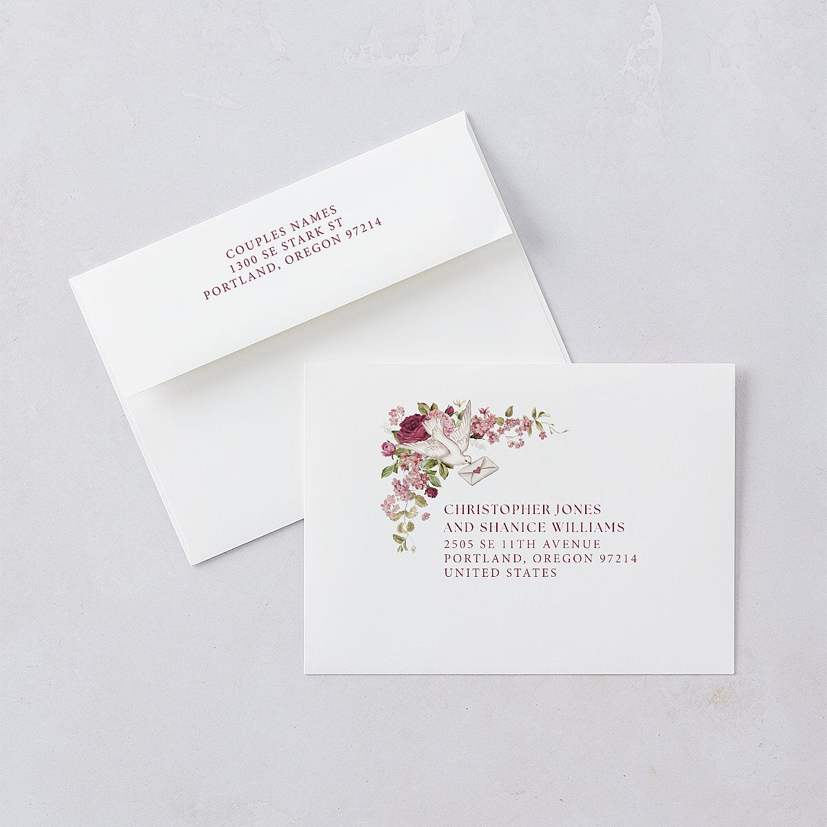 Vintage Love Doves Wedding Invitation Envelopes Shell Pink White Both Recipient and Return Addresses Standard Signature