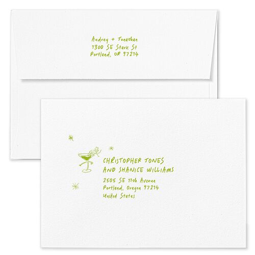 Whimsical Dancing Cocktails Engagement Party Invitation Envelopes White Pear Both Recipient and Return Addresses Standard Signature