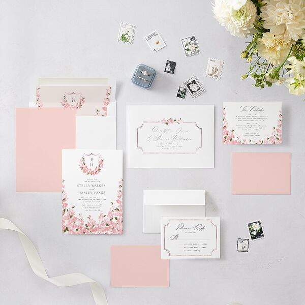 Delphinium Crest Wedding Invitations Shell Pink Signature Blank No Standard