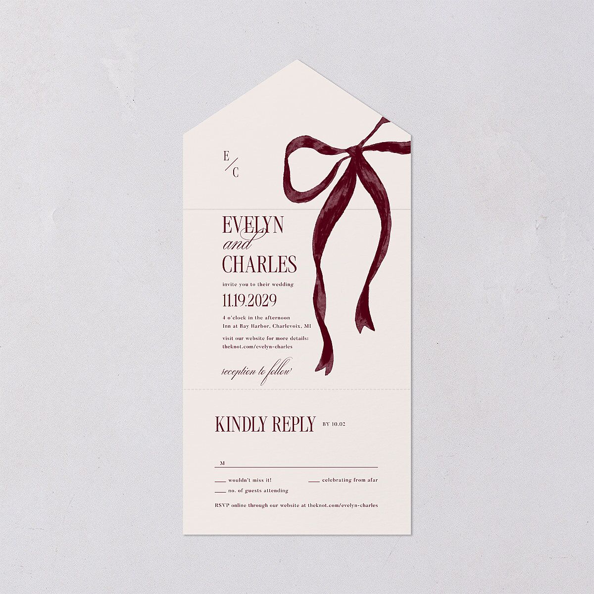 Whimsical Hand Drawn Bow All-in-One Wedding Invitations Burgundy Signature Light Both Recipient and Return Addresses No