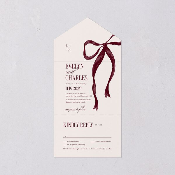 Whimsical Hand Drawn Bow All-in-One Wedding Invitations Burgundy Signature Light Both Recipient and Return Addresses No