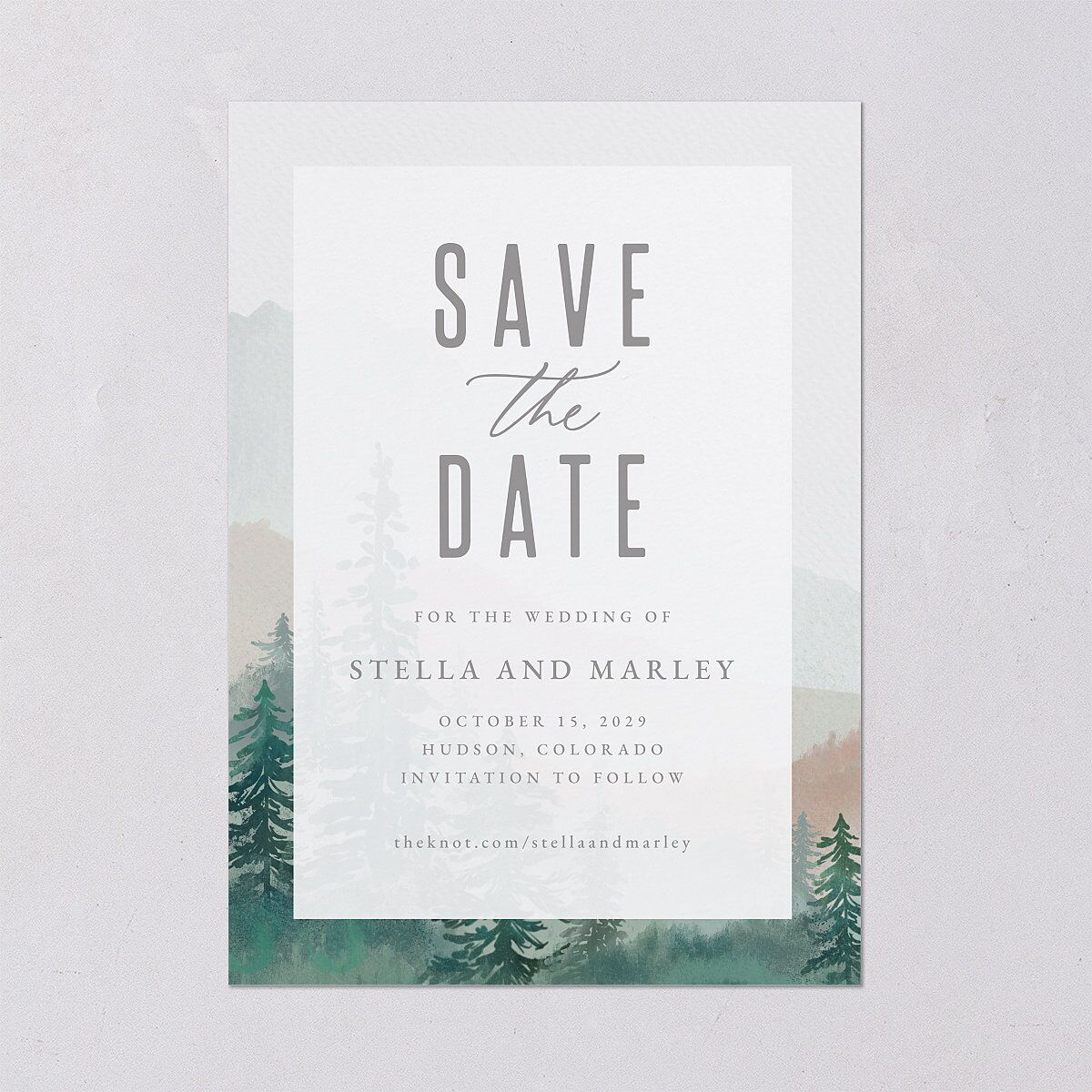 Painted Mountains Save The Date Cards Eucalyptus Signature smooth Blank No Standard