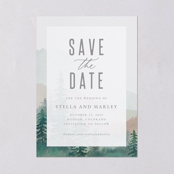 Painted Mountains Save The Date Cards Eucalyptus Signature smooth Blank No Standard