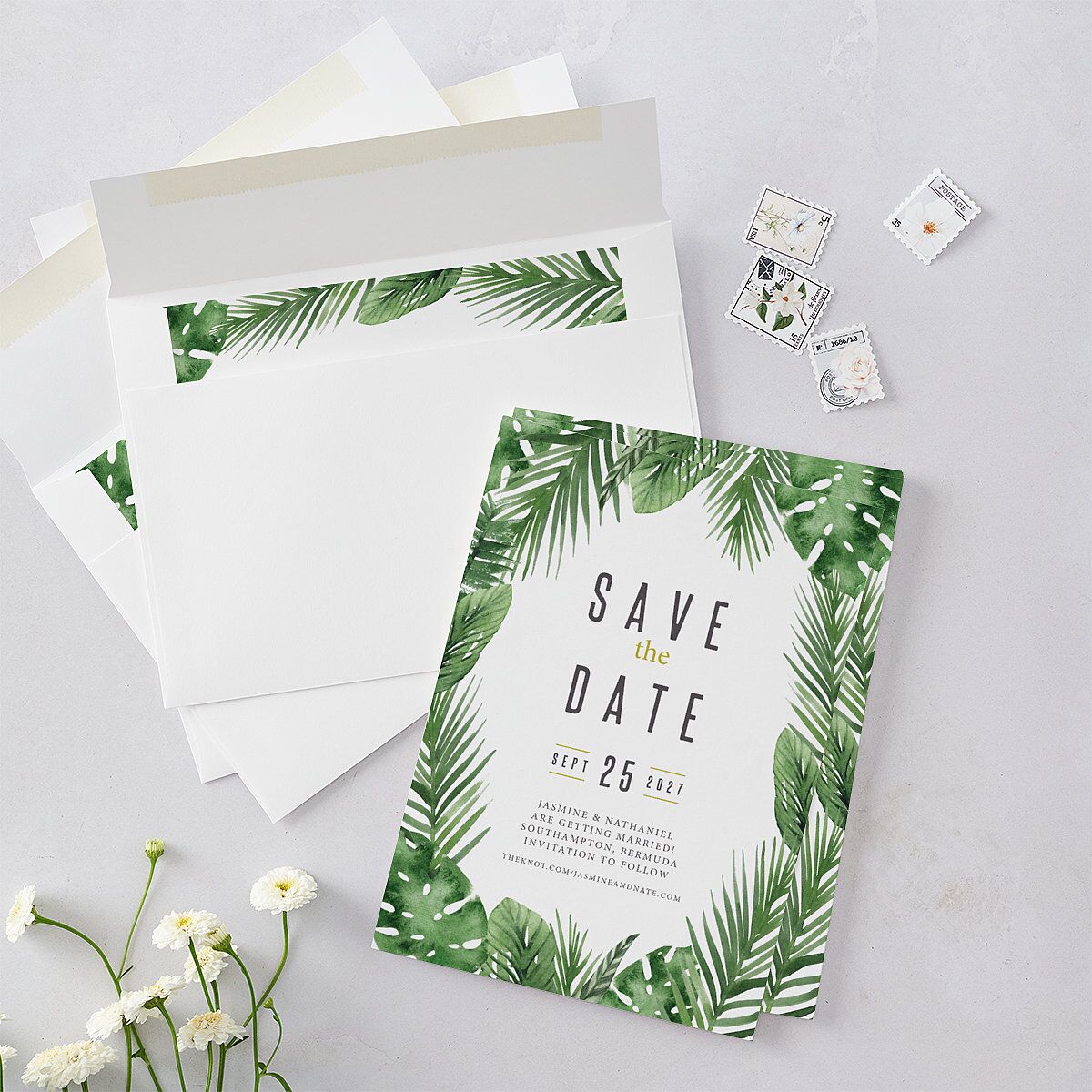 Tropical Leaves Save The Date Cards Scottish Green Signature smooth Blank No