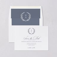 Monogram Branches Botanical Save The Date Cards Regency Blue Signature smooth Blank No Standard