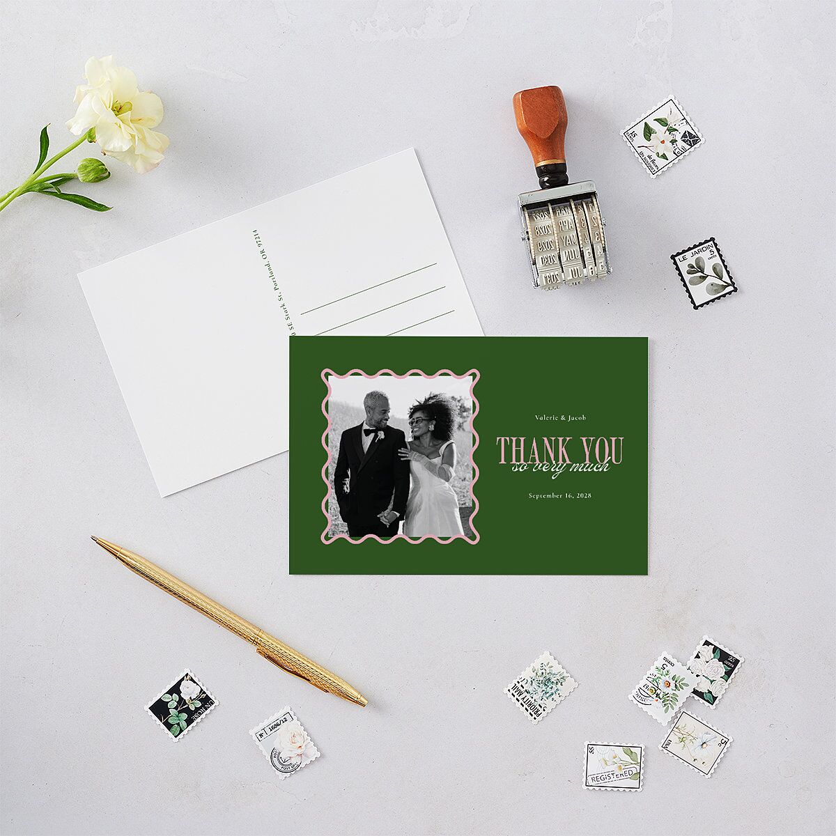 Wavy Frame Photo Thank You Postcards Scottish Green