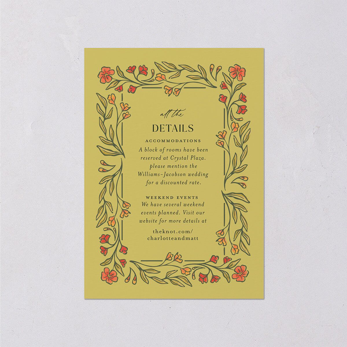 Botanical Textile Foil Wedding Attire Cards Gold Hunter Green Signature Standard