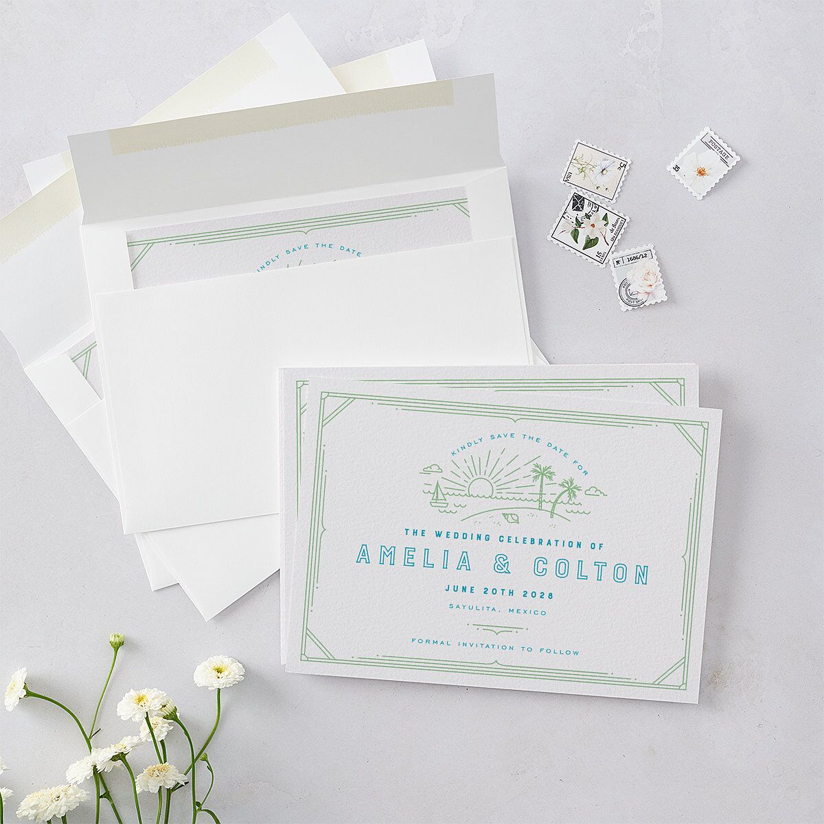 Iconic Beach Save the Date Cards Green Apple Signature smooth Blank No Standard