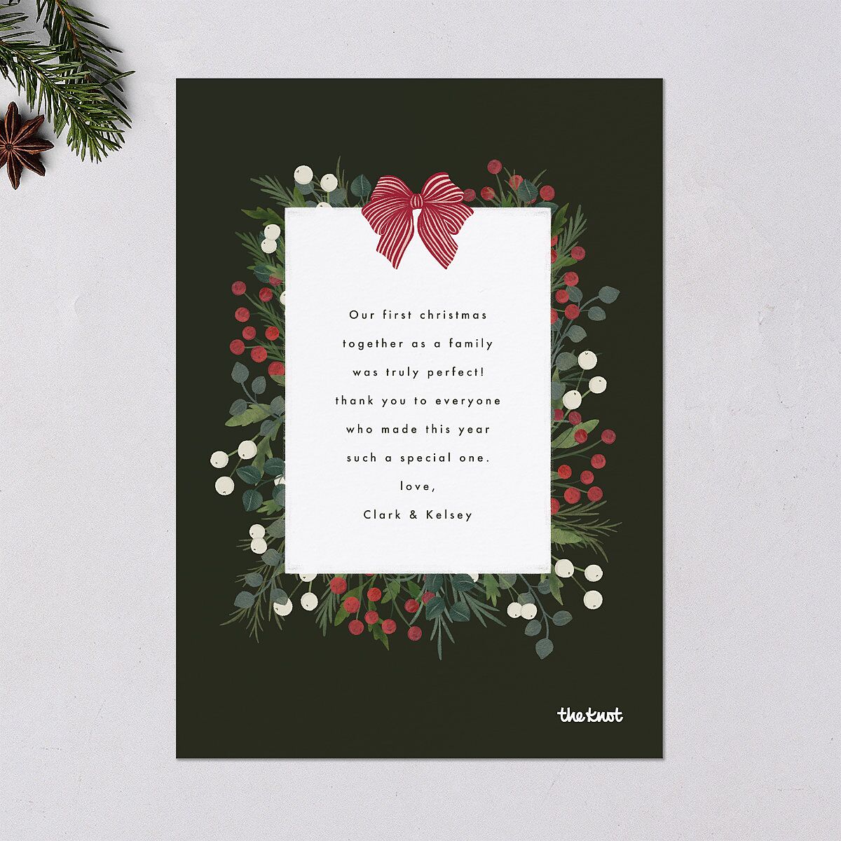 Rustic Holiday Foliage with Bow Holiday Cards Hunter Green Signature Blank Standard