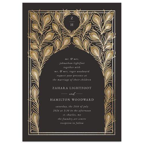Peacock Nouveau Wedding Invitations Gold Charcoal Signature Blank No Standard
