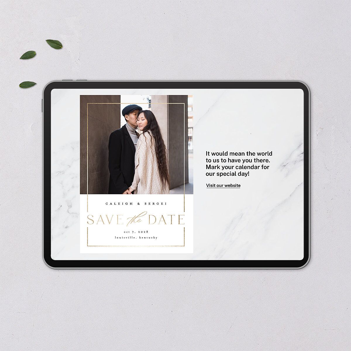 Elegant Frame Digital Save the Date Cards Gold Pure White Dusty Blue Lets Celebrate Standard