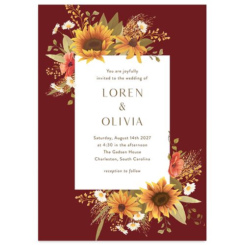 Sweet Sunflowers Wedding Invitations Maroon Signature Blank No Standard