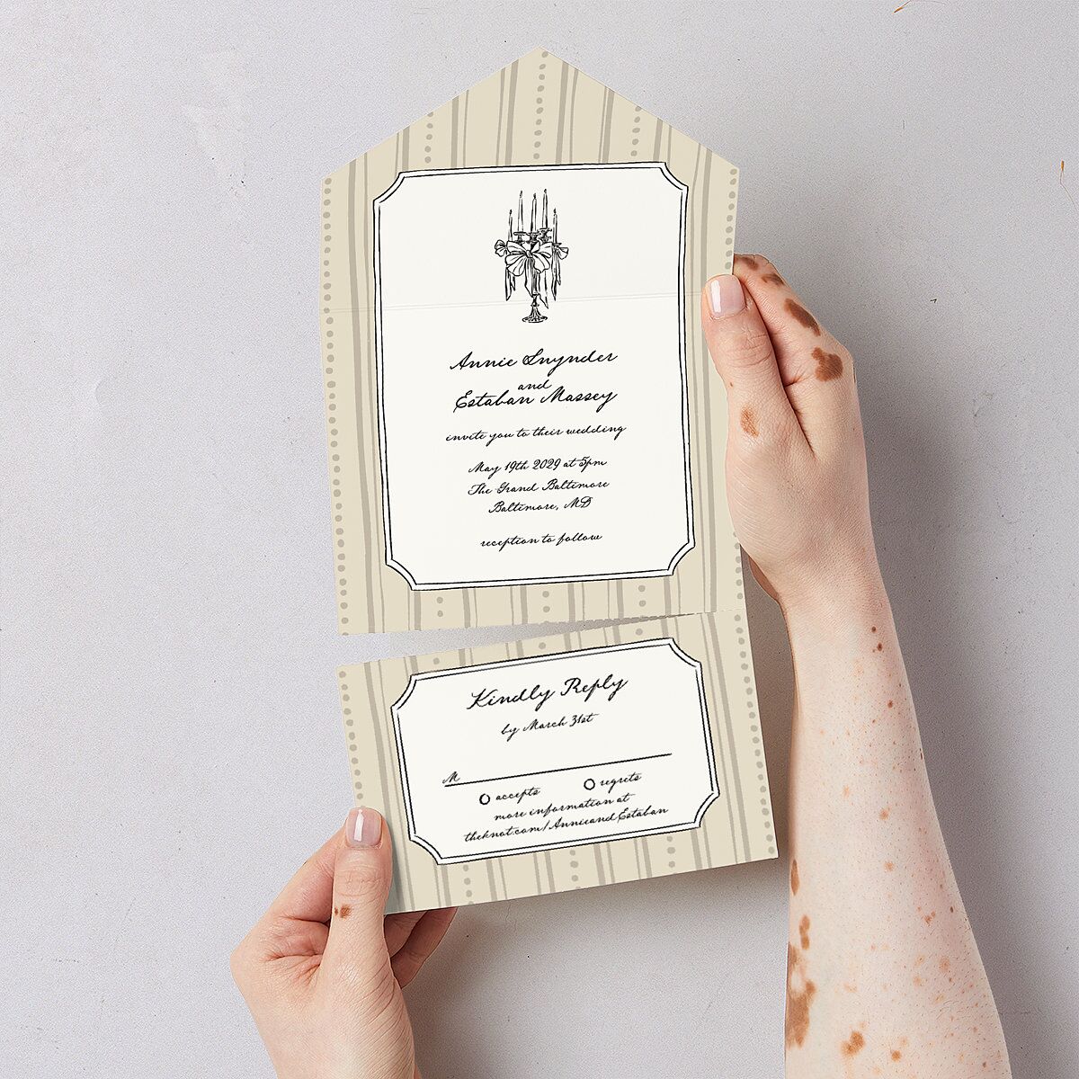 Vintage Candelabra with Bow All-in-One Wedding Invitations Bisque Signature Light Both Recipient and Return Addresses No