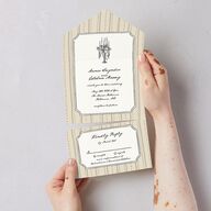 Vintage Candelabra with Bow All-in-One Wedding Invitations Bisque Signature Light Both Recipient and Return Addresses No