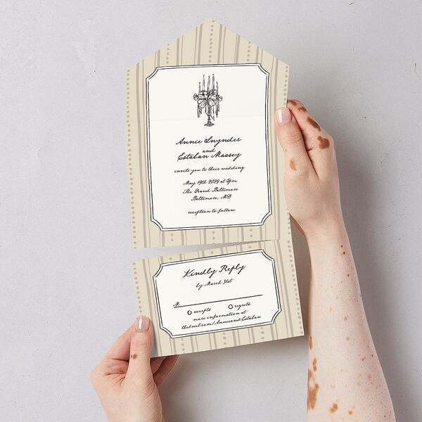 Vintage Candelabra with Bow All-in-One Wedding Invitations Bisque Signature Light Both Recipient and Return Addresses No