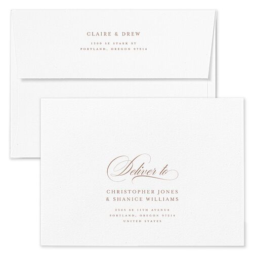 Classic Calligraphy Save The Date Card Envelopes White Camel Both Recipient and Return Addresses Signature Standard