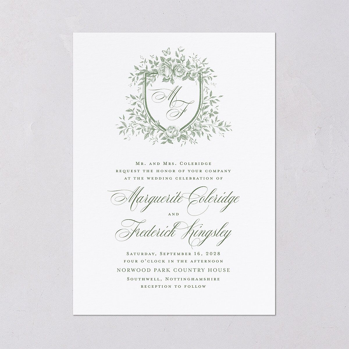 Elegant Rose Crest Wedding Invitations Deep Olive Signature Blank No Standard