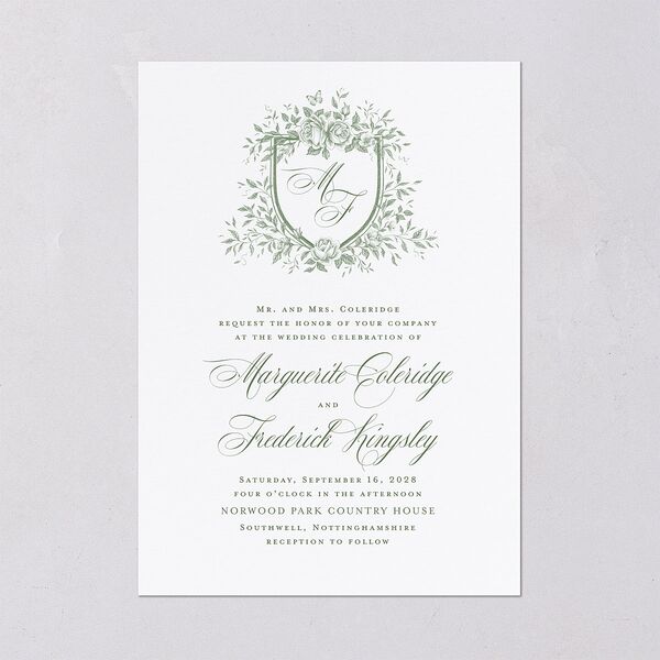 Elegant Rose Crest Wedding Invitations Deep Olive Signature Blank No Standard