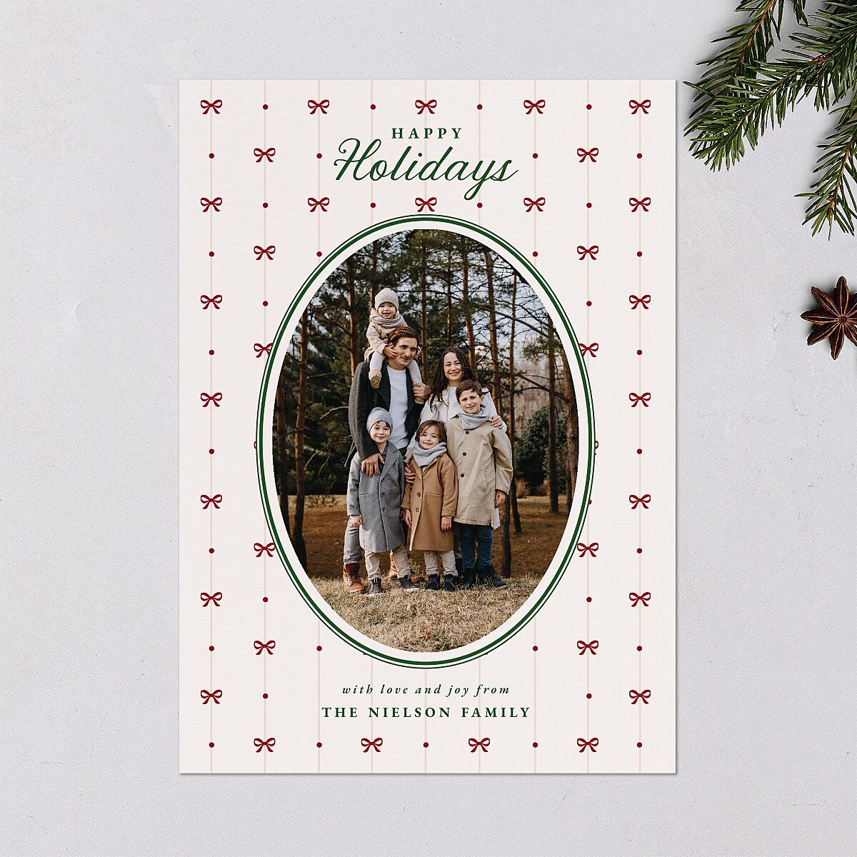 Vintage Bow Pattern Photo Holiday Cards Jewel Green Signature Blank Standard