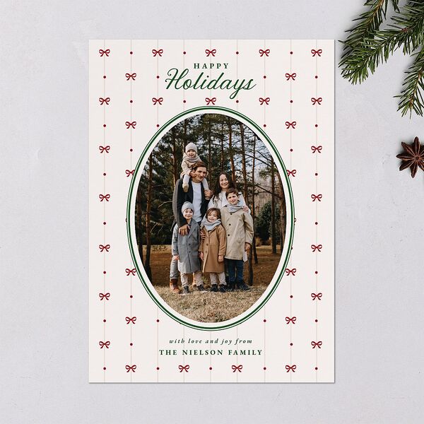 Vintage Bow Pattern Photo Holiday Cards Jewel Green Signature Blank Standard