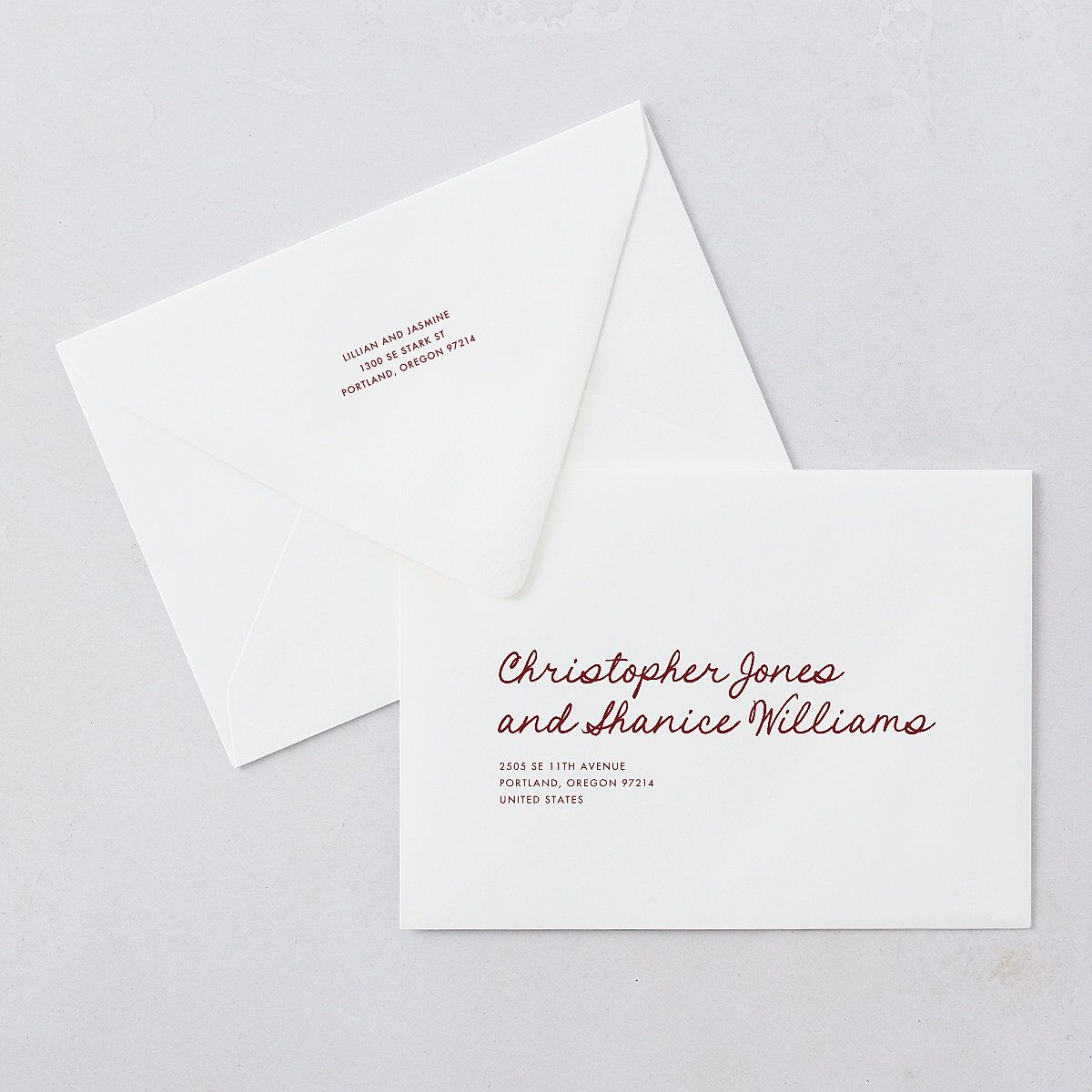 Hand Drawn Heart Photo Wedding Invitation Euro Envelopes Maroon White Both Recipient and Return Addresses Luxe Signature