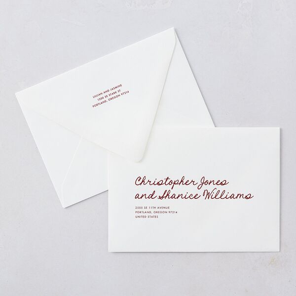 Hand Drawn Heart Photo Wedding Invitation Euro Envelopes Maroon White Both Recipient and Return Addresses Luxe Signature