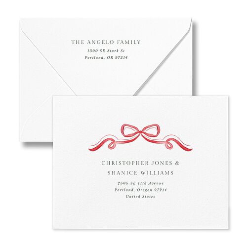 Whimsical Holiday Bow with Garland Thank You Card Euro Envelopes White Ruby Both Recipient and Return Addresses Luxe Signature