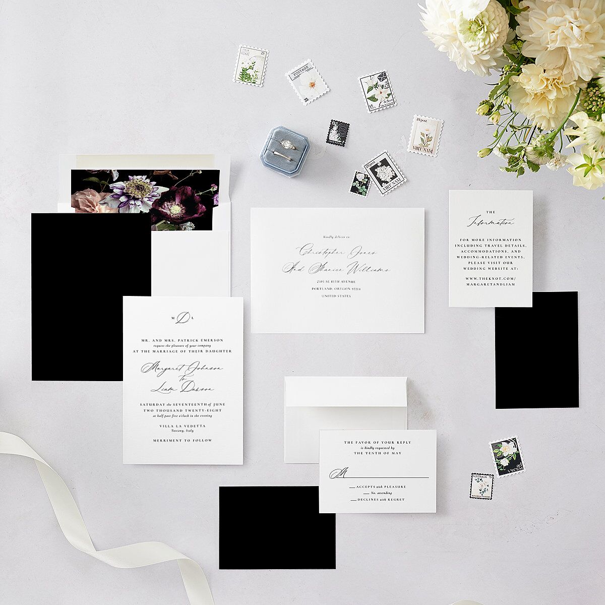 Black Tie Initial Wedding Invitations Pure White Signature Blank No Standard