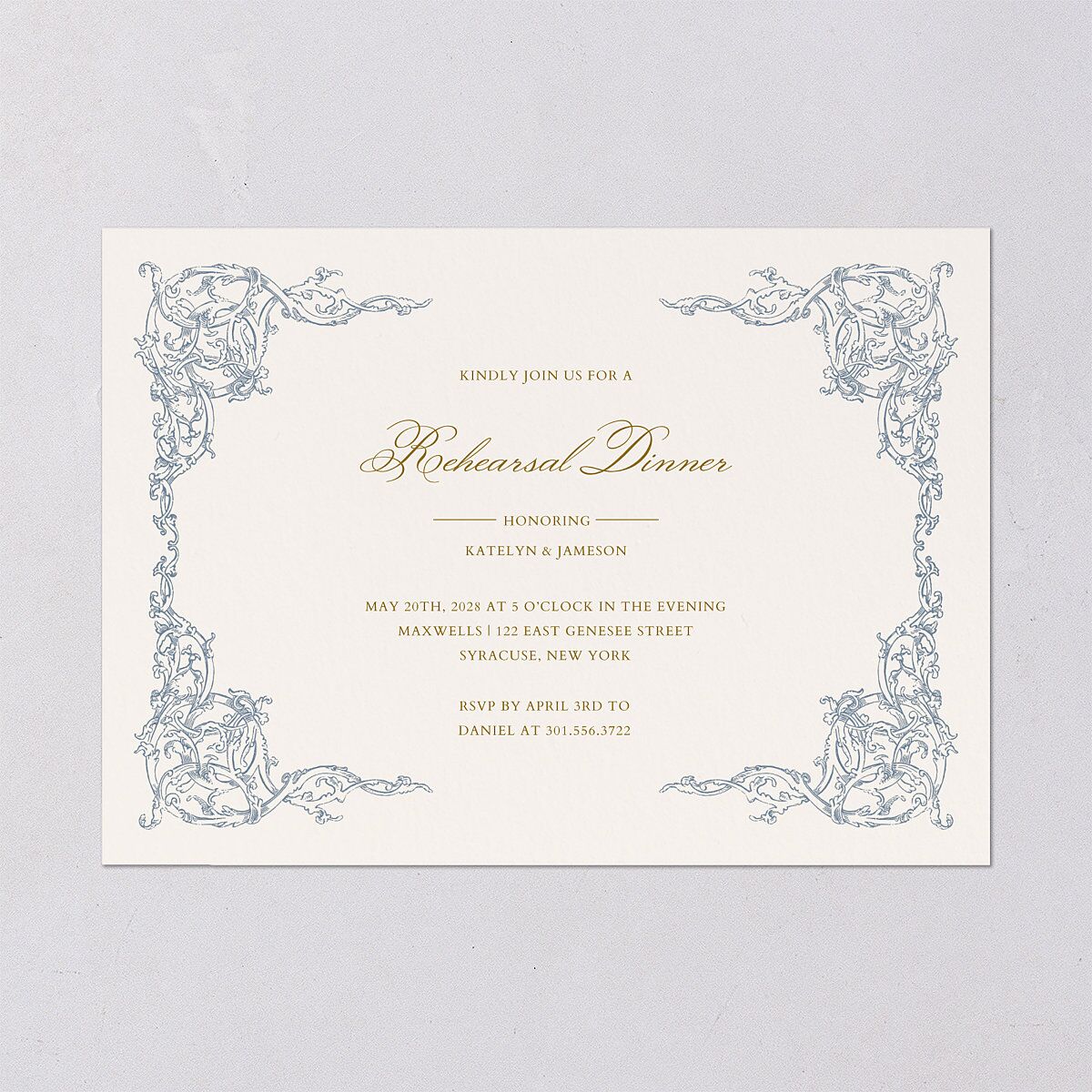 Romantic Rococo Rehearsal Dinner Invitations Dusty Blue Signature Blank Standard