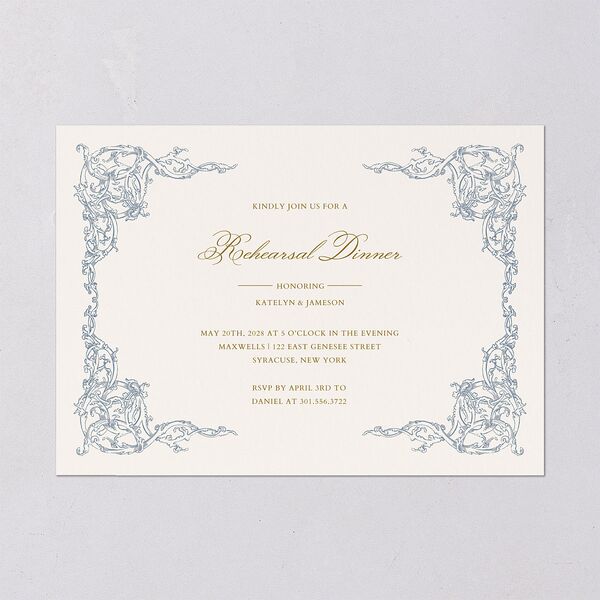 Romantic Rococo Rehearsal Dinner Invitations Dusty Blue Signature Blank Standard