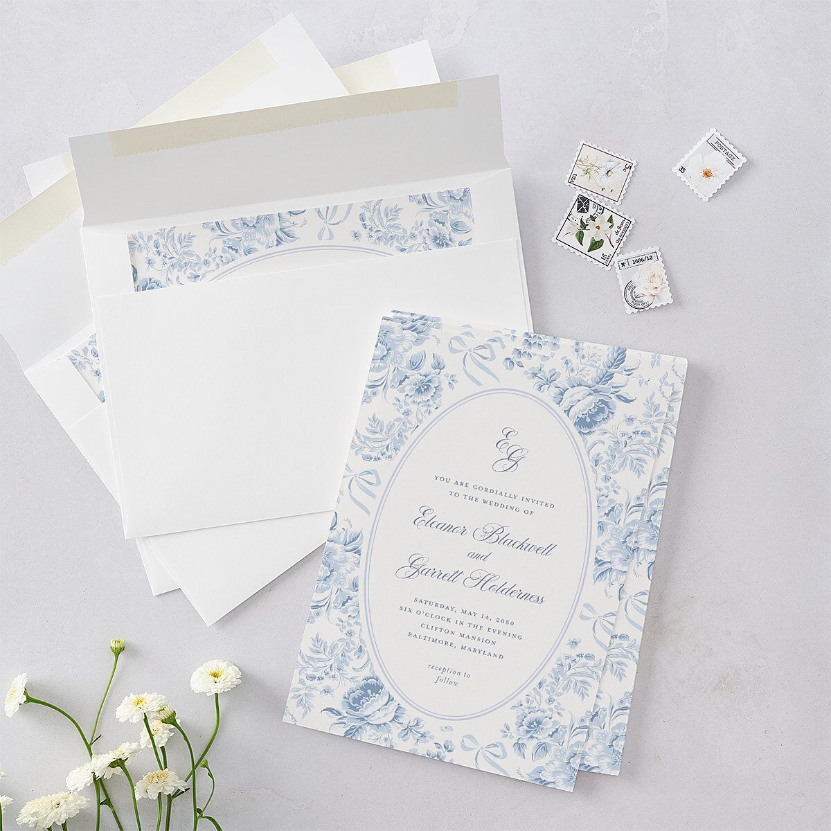 Vintage French Floral Toile Wedding Invitations Dusty Blue Signature Blank No Standard