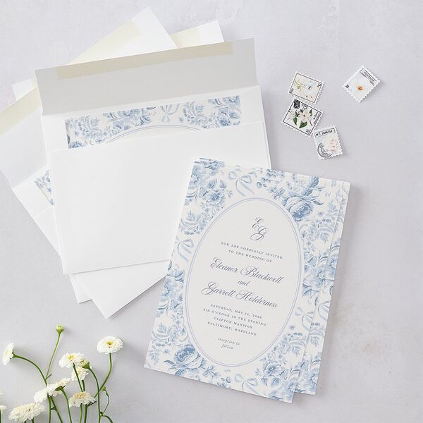 Vintage French Floral Toile Wedding Invitations Dusty Blue Signature Blank No Standard