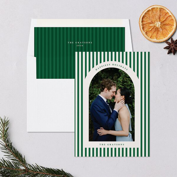 Classic Holiday Stripes Holiday Cards Jewel Green Signature Blank Portrait Standard