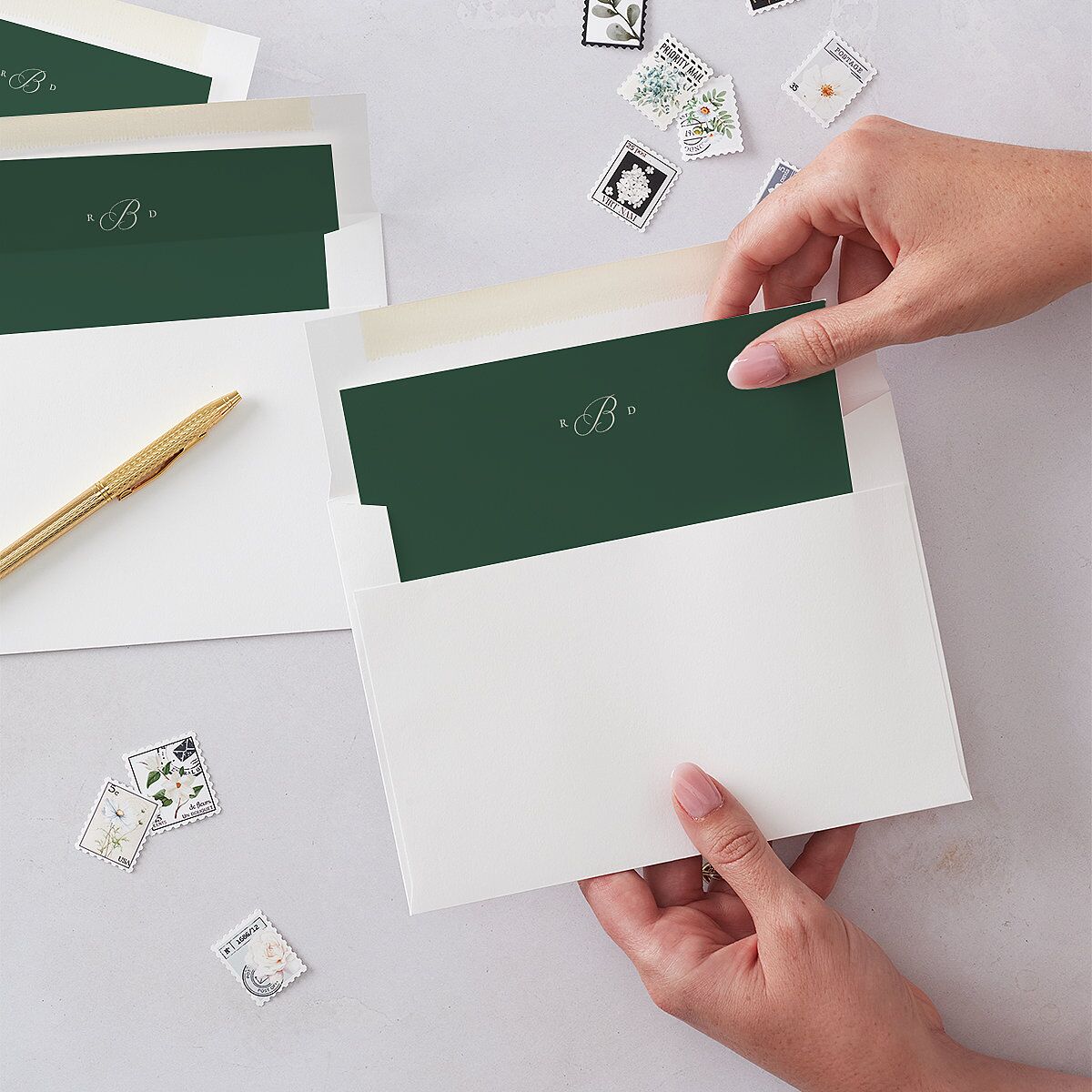 Classic Monogram First Christmas Envelope Liners Dark Emerald Standard