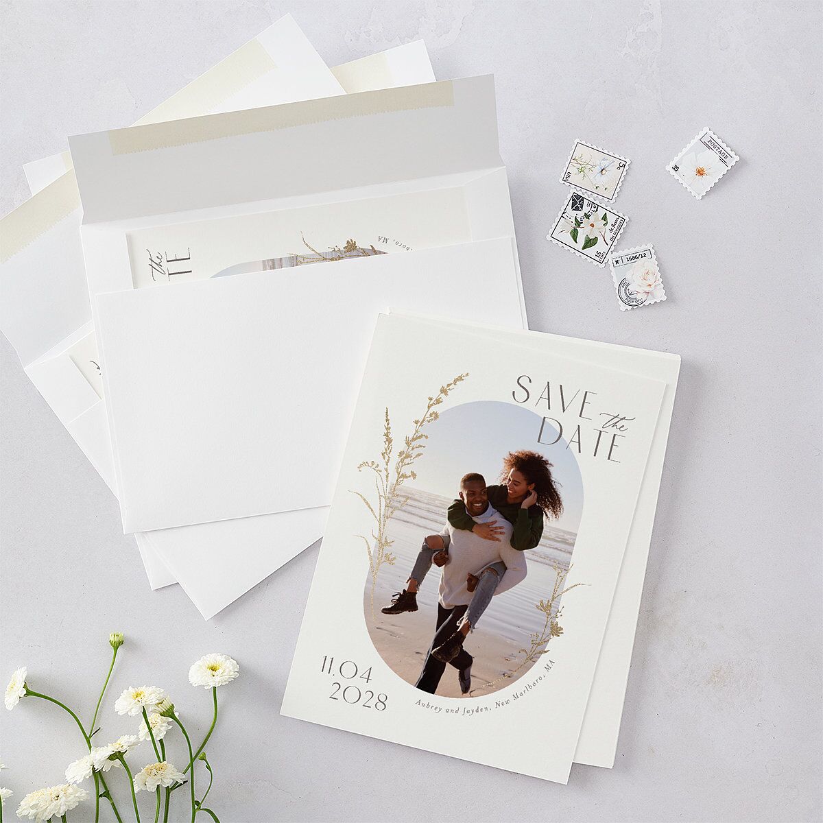 Minimal Wildflower Save the Date Cards Gold Off-White Signature smooth Blank No