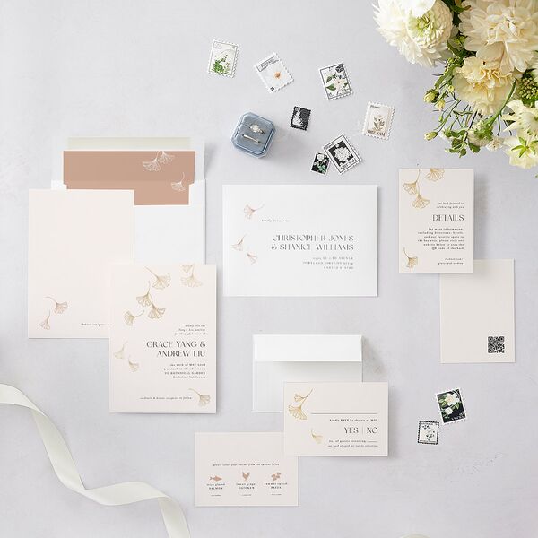 Ginkgo Leaves Wedding Invitations Gold Peony Signature Blank No Standard