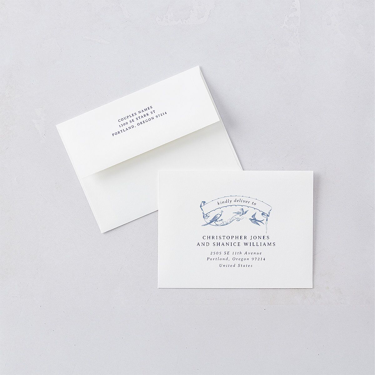 Vintage Toile Save the Date Magnet Envelopes White Standard Sapphire Both Recipient and Return Addresses Signature