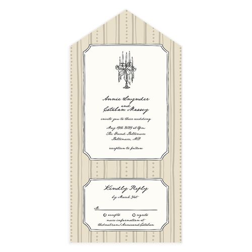 Vintage Candelabra with Bow All-in-One Wedding Invitations Bisque Signature Light Both Recipient and Return Addresses No