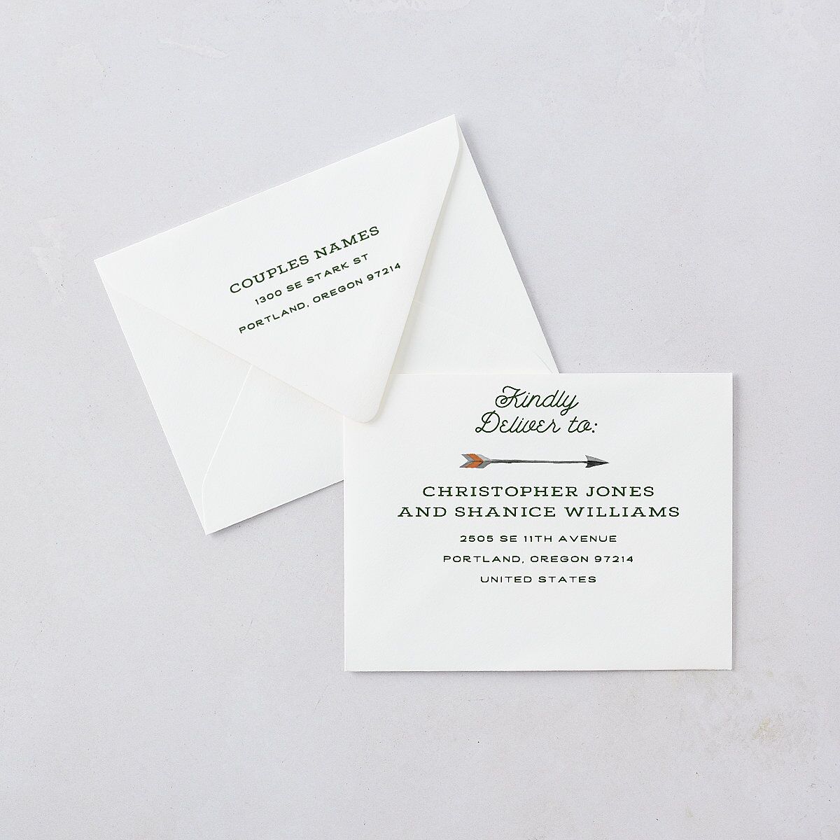 Happy Campers Save the Date Petite Card Euro Envelopes White Luxe Deep Olive Both Recipient and Return Addresses
