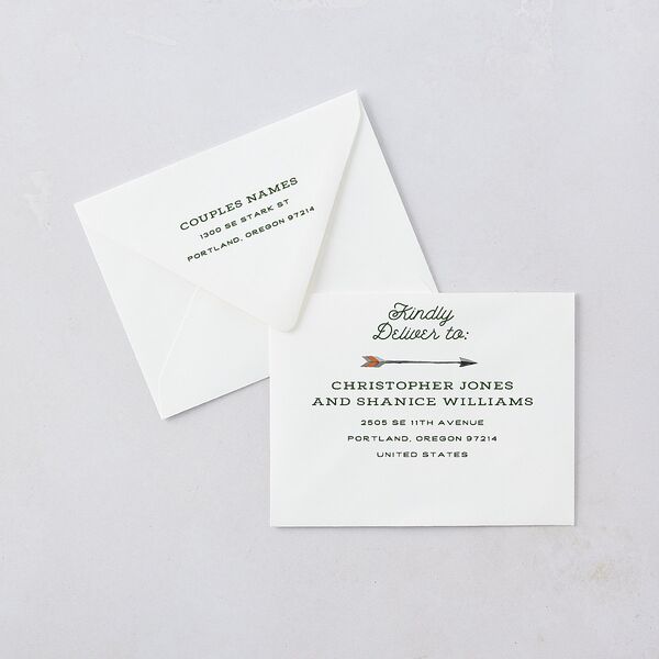 Happy Campers Save the Date Petite Card Euro Envelopes White Luxe Deep Olive Both Recipient and Return Addresses