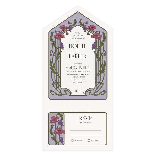 Vintage Nouveau Floral All-in-One Wedding Invitations Purple Haze Signature Light Both Recipient and Return Addresses No