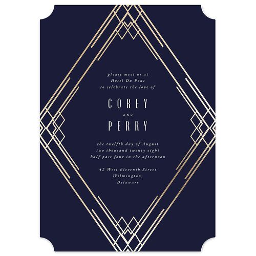 Diamond Deco Wedding Invitations Gold Navy Signature Blank No Ticket