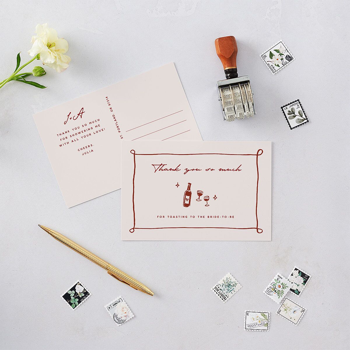 Hand Drawn Cake Bridal Shower Thank You Postcards Red Clay