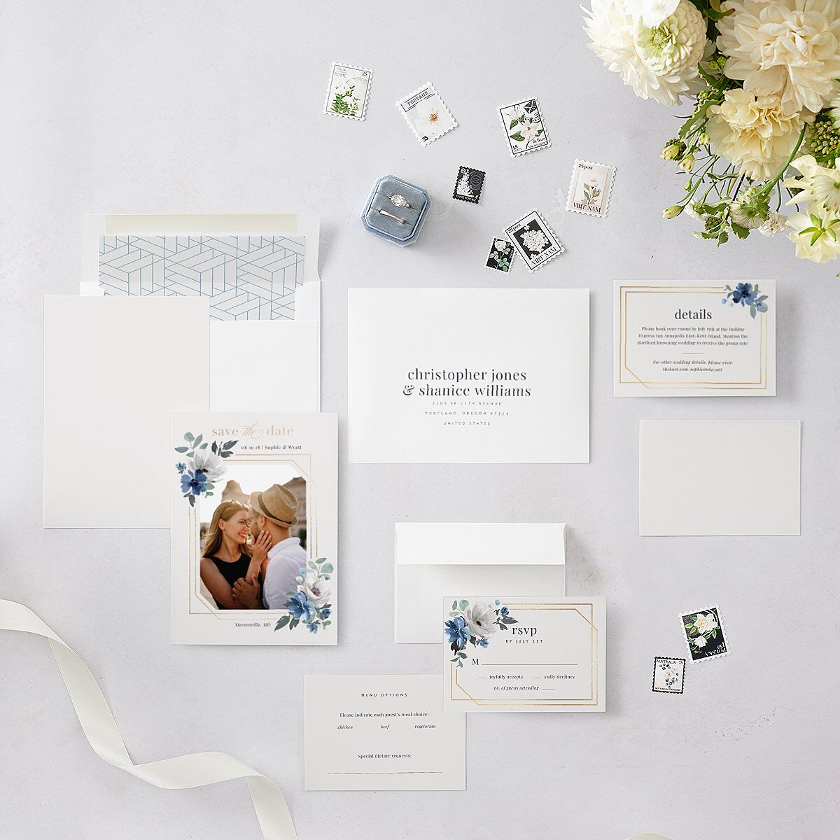 Floral Frame Foil Save The Date Cards Gold Regency Blue Signature smooth Blank No Standard
