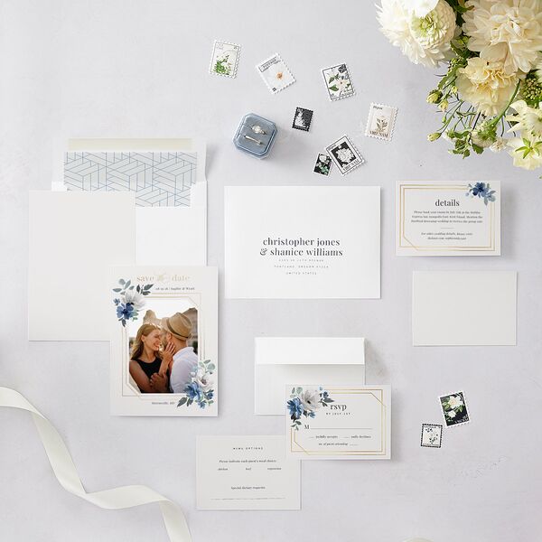 Floral Frame Foil Save The Date Cards Gold Regency Blue Signature smooth Blank No Standard