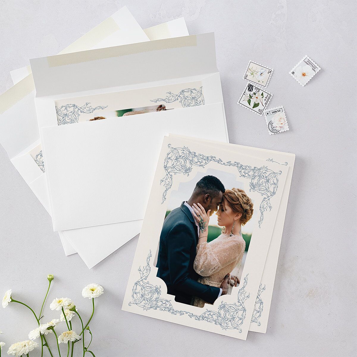 Romantic Rococo Save The Date Cards Dusty Blue Signature smooth Blank No Standard