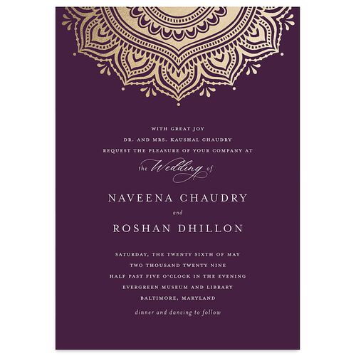 Indian Gilded Adornment Wedding Invitations Gold Royal Purple Signature Blank No Standard