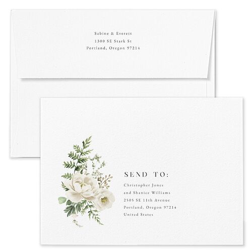 Gilded Fern Frame Botanical Rehearsal Dinner Invitation Envelopes White Linen Both Recipient and Return Addresses Signature Standard